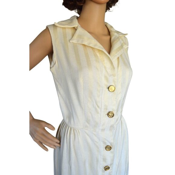 Vintage 70s Handmade Cream Yellow Vertical Striped Button Down Shirt Dress Size - Picture 2 of 8